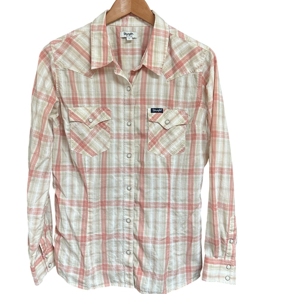 Wrangler Retro Pink Plaid Western Snap Shirt Womens Large Pearl Snap Cotton